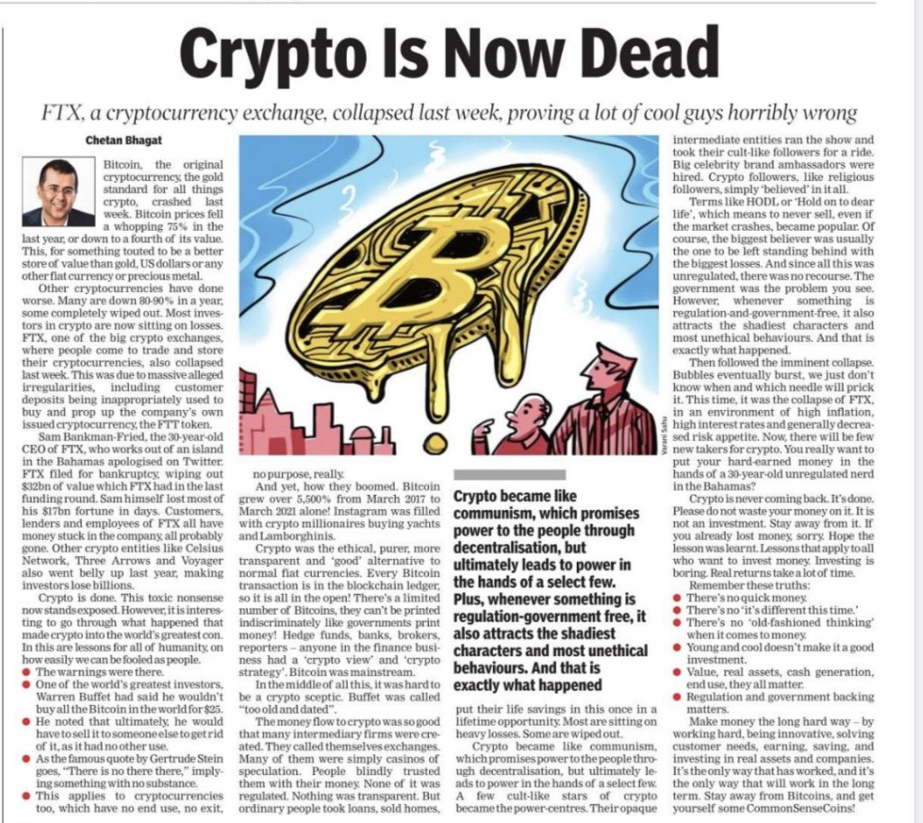 Picture of: Chetan Bhagat on X: “Hi all, “Crypto is now dead: FTX, a