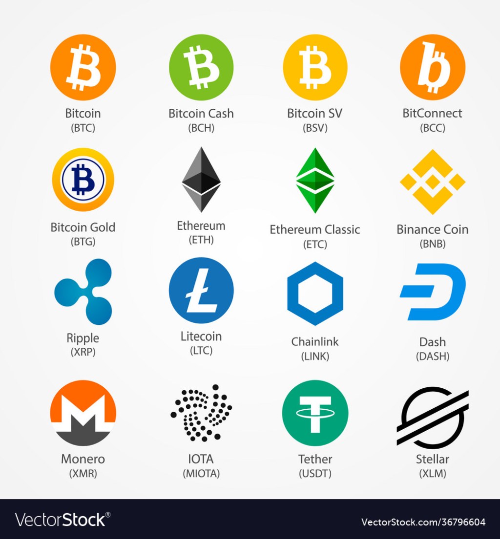 Picture of: Nine popular cryptocurrency symbols isolated Vector Image